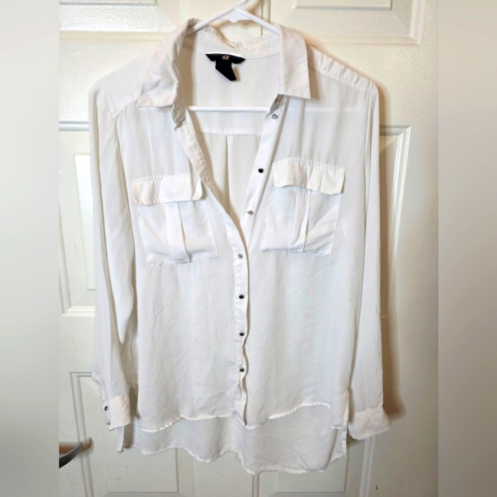 H&M White Womens Hi-lo‎ Blouse Lightweight Button Down Long Sleeve Size 6